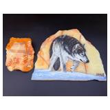 Original Hand-Painted Wolf Wildlife Portrait on Polished Honey Onyx – Signed by "CAMPY".    3 lbs 1 oz / 1 kg 390 g.