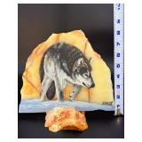 Original Hand-Painted Wolf Wildlife Portrait on Polished Honey Onyx – Signed by "CAMPY".    3 lbs 1 oz / 1 kg 390 g.