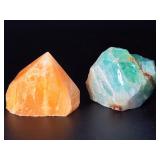 Vibrant Calcite Duo: Polished Orange Tower & Raw Green Chunk.   8.8 oz / 251 g.