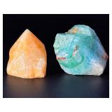 Vibrant Calcite Duo: Polished Orange Tower & Raw Green Chunk.   8.8 oz / 251 g.