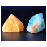 Vibrant Calcite Duo: Polished Orange Tower & Raw Green Chunk.   8.8 oz / 251 g.