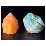 Vibrant Calcite Duo: Polished Orange Tower & Raw Green Chunk.   8.8 oz / 251 g.