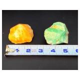 Vibrant Calcite Duo: Polished Orange Tower & Raw Green Chunk.   8.8 oz / 251 g.