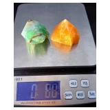 Vibrant Calcite Duo: Polished Orange Tower & Raw Green Chunk.   8.8 oz / 251 g.
