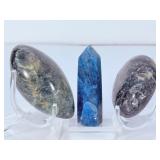 Blue Apatite Polished Trio: Point, Palm Stone, and Large Oval Pebble.   10.9 oz / 310 g.