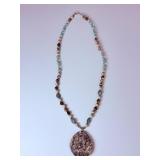 Handcrafted Turritella Agate Fossil & Mixed Gemstone Beaded Pendant Necklace