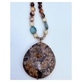 Handcrafted Turritella Agate Fossil & Mixed Gemstone Beaded Pendant Necklace