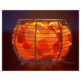 Large Himalayan Pink Salt Basket Lamp – White Metal Wire Frame – Dimmable Glow.   6 lbs 10.1 oz / 3 kg 11 g.