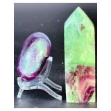 Stunning Rainbow Fluorite Duo – Polished Heart & Vibrant Feathered Tower.   8.9 oz / 253 g.