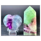 Stunning Rainbow Fluorite Duo – Polished Heart & Vibrant Feathered Tower.   8.9 oz / 253 g.