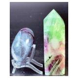 Stunning Rainbow Fluorite Duo – Polished Heart & Vibrant Feathered Tower.   8.9 oz / 253 g.