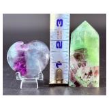 Stunning Rainbow Fluorite Duo – Polished Heart & Vibrant Feathered Tower.   8.9 oz / 253 g.