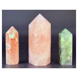 Trio of Natural Crystal Towers: Sunstone, Rose Quartz, & Prehnite with Epidote.     1 lb 3.6 0z / 558 g.