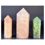 Trio of Natural Crystal Towers: Sunstone, Rose Quartz, & Prehnite with Epidote.     1 lb 3.6 0z / 558 g.