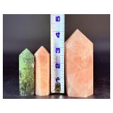 Trio of Natural Crystal Towers: Sunstone, Rose Quartz, & Prehnite with Epidote.     1 lb 3.6 0z / 558 g.
