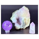 Amethyst Crystal Trio: Sphere, Raw Cluster, and Polished Point.   1 lb 8.4 oz 694 g.