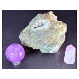 Amethyst Crystal Trio: Sphere, Raw Cluster, and Polished Point.   1 lb 8.4 oz 694 g.