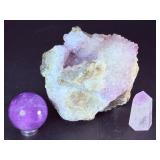Amethyst Crystal Trio: Sphere, Raw Cluster, and Polished Point.   1 lb 8.4 oz 694 g.