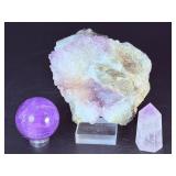 Amethyst Crystal Trio: Sphere, Raw Cluster, and Polished Point.   1 lb 8.4 oz 694 g.