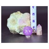 Amethyst Crystal Trio: Sphere, Raw Cluster, and Polished Point.   1 lb 8.4 oz 694 g.