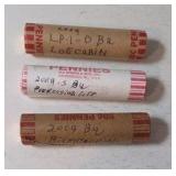 3 Rolls - 2009 Bicentennial Series Lincoln Cents (2009-D-BU-LogCabin);(2009-S-BU-Professional Life); (2009-S-BU-Bicentennial) - UNC.