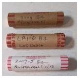 3 Rolls - 2009 Bicentennial Series Lincoln Cents (2009-D-BU-LogCabin);(2009-S-BU-Professional Life); (2009-S-BU-Bicentennial) - UNC.