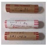 3 Rolls - 2009 Bicentennial Series Lincoln Cents (2009-D-BU-LogCabin);(2009-S-BU-Professional Life); (2009-S-BU-Bicentennial) - UNC.
