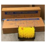 (2) U-LINE Crowd Control Stands 3361; Reel of yellow plastic chain links.