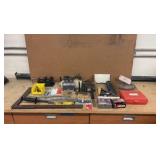 (2) VISES, precision parallel set, drill bits, grinder discs, saw blades L rulers, hacksaw blades, hardware