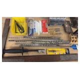 (2) VISES, precision parallel set, drill bits, grinder discs, saw blades L rulers, hacksaw blades, hardware