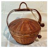 Vintage Wicker Basket with Bent Wood Handle and top