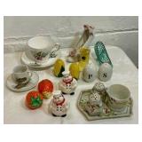 Misc china dishes, salt & pepper shakers, cups & saucers