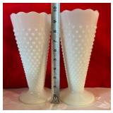 2 Vintage Milk Depression Glass Hobnail Vases