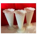 3 Vintage fluted White Milk Glass Hobnail Vases