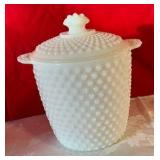 Vintage white milk glass hobnail covered cookie jar