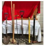 Yard tools shovel, hoe, hatchet, sledge hammer, pick axe