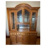 Oak Hutch Curio cabinet light with drawers and mirror back