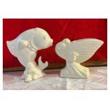 Vintage white pottery bird & fish