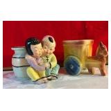 Pair vintage pottery planters Shawnee donkey, Russetti oriental couple