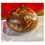 Hand carved Peruvian folk art gourd trinket box/mate burilado
