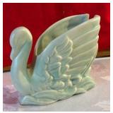 Vintage green pottery swan vase spoon rest