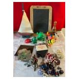 Group of collectable wind up toys, chalkboard, Las Vegas dice
