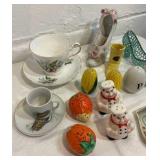 Misc china dishes, salt & pepper shakers, cups & saucers