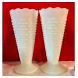 2 Vintage Milk Depression Glass Hobnail Vases