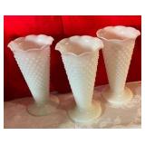 3 Vintage fluted White Milk Glass Hobnail Vases