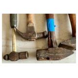 Vintage wood handled claw foot hammer and sledgehammers, plumb