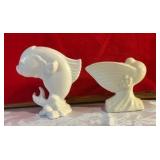 Vintage white pottery bird & fish