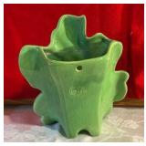 Vintage green pottery leaf shaped wall pocket