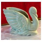 Vintage green pottery swan vase spoon rest