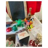 Group of collectable wind up toys, chalkboard, Las Vegas dice